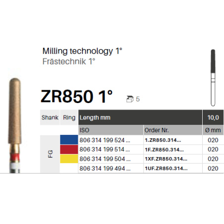 GZ Fraise diamantée cylindre bout rond - Milling Technology ZR 850- x5